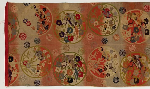 花丸鳥模様丸帯|Obi with Repeating Floral Roundels and Birds