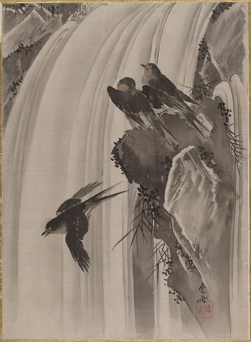 滝に燕図|Swallows by a Waterfall — Kawanabe Kyōsai 河鍋暁斎