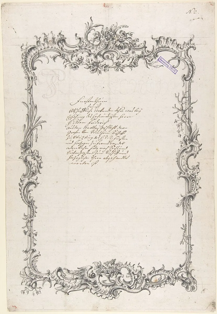 Design for a Frame with Flowers, Feathers, Leaves, and Grapes — Johann Oktavian Salver