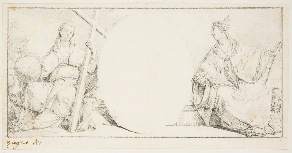 Allegorical Figures of Religion and Venice Flanking an Empty Cartouche — Francesco Zugno