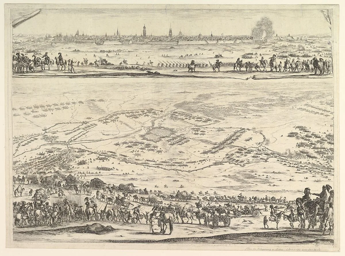 Plan and view of the siege of Arras: lower part of the plate with a topographical view with troops in the foreground descending a hill, upper part of the plate with a view of the town — Stefano della Bella