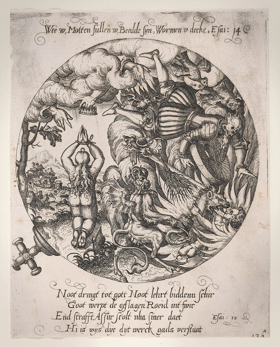 Woe to you, Maggots will be in your bed, and worms your coverlet (Isaiah 14:11) — Anonymous, Netherlandish, 16th century