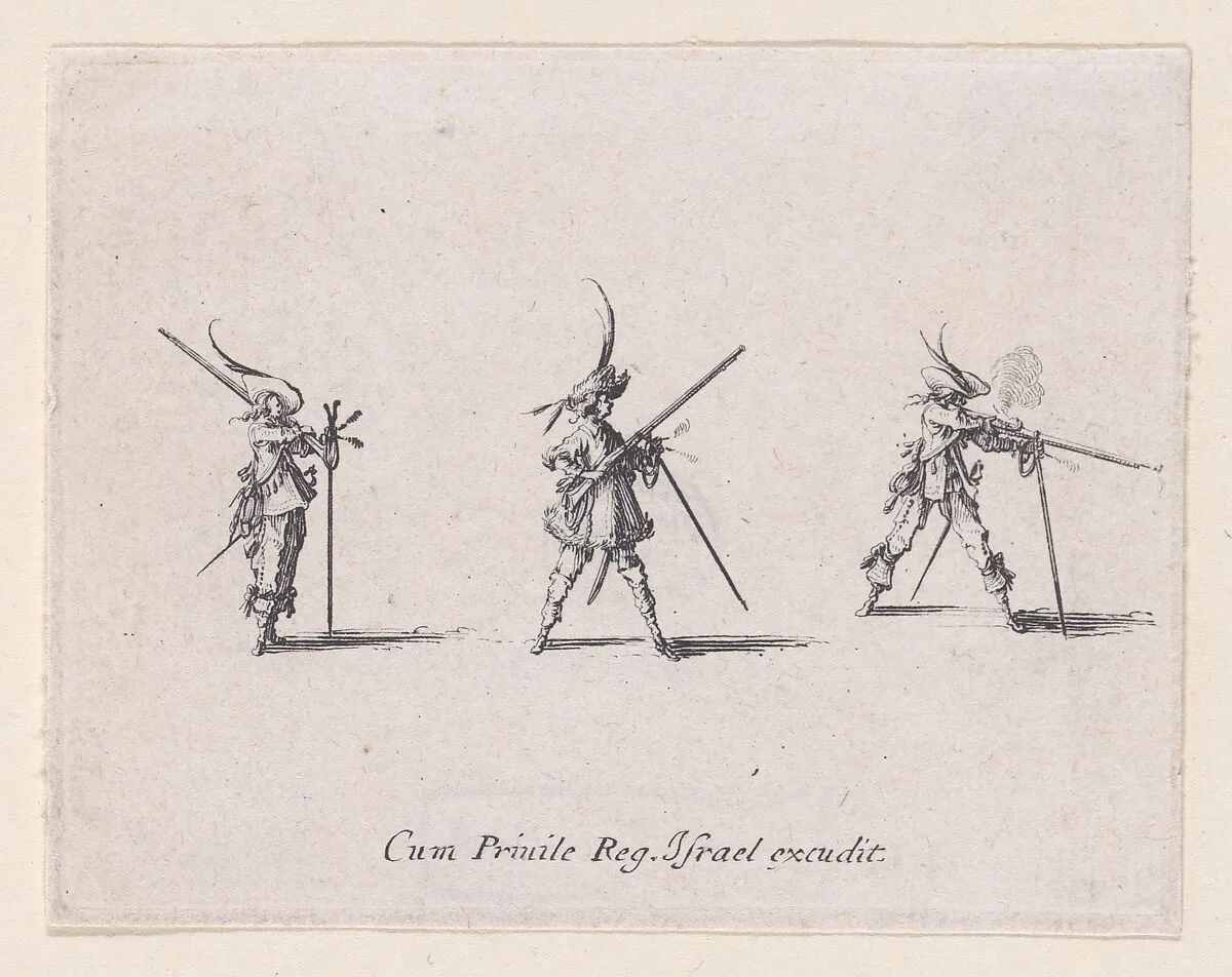 L'Exercice de L'Arquebuse: Le Tir (Drill of the Arquebus: Shooting), from Les Exercices Militaires (The Military Exercises) — Jacques Callot|Israël Henriet