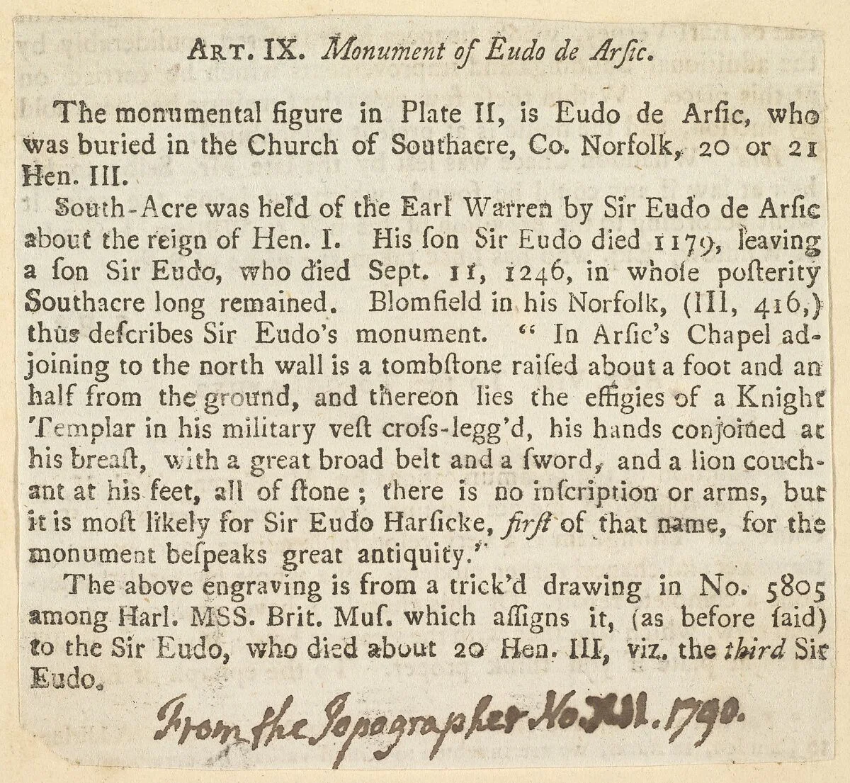 Art. IX. Monument of Eudo de Arsic (from, "The Topographer," no. XII, 1790) — Anonymous, 18th century