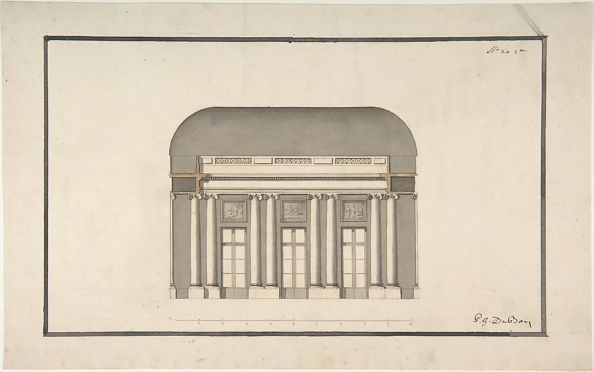 Section of a Ballroom: Three Doorways between Sets of Two Columns — Anonymous, French, 18th century