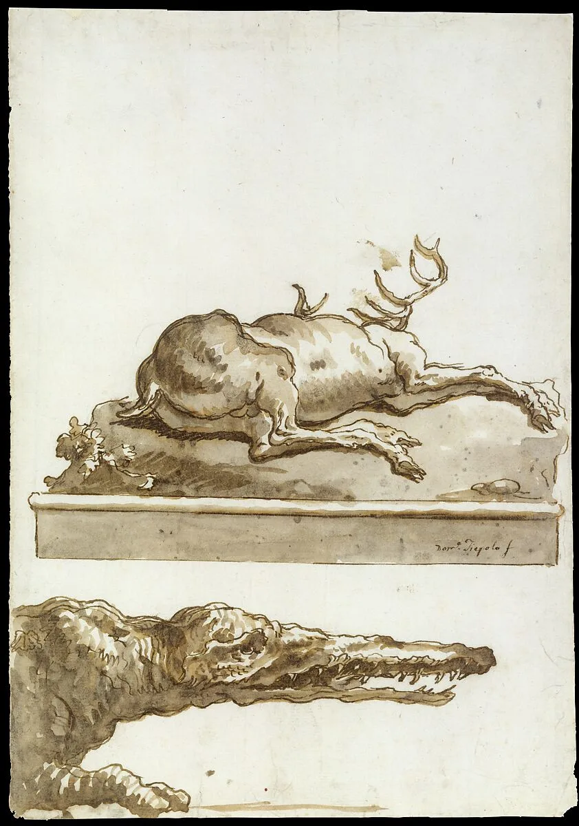 A Stag Lying Down (on a base): The Head of a Crocodile — Giovanni Domenico Tiepolo