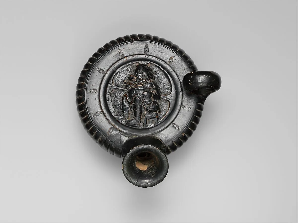Terracotta guttus (flask with handle and vertical spout) — Unknown