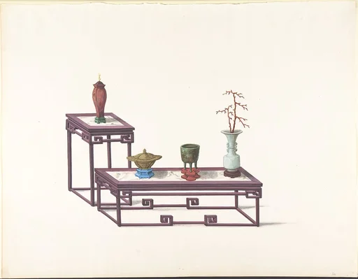 Two Tables with a Purple Finish, One with a Red Vase, the Other with Three Vases