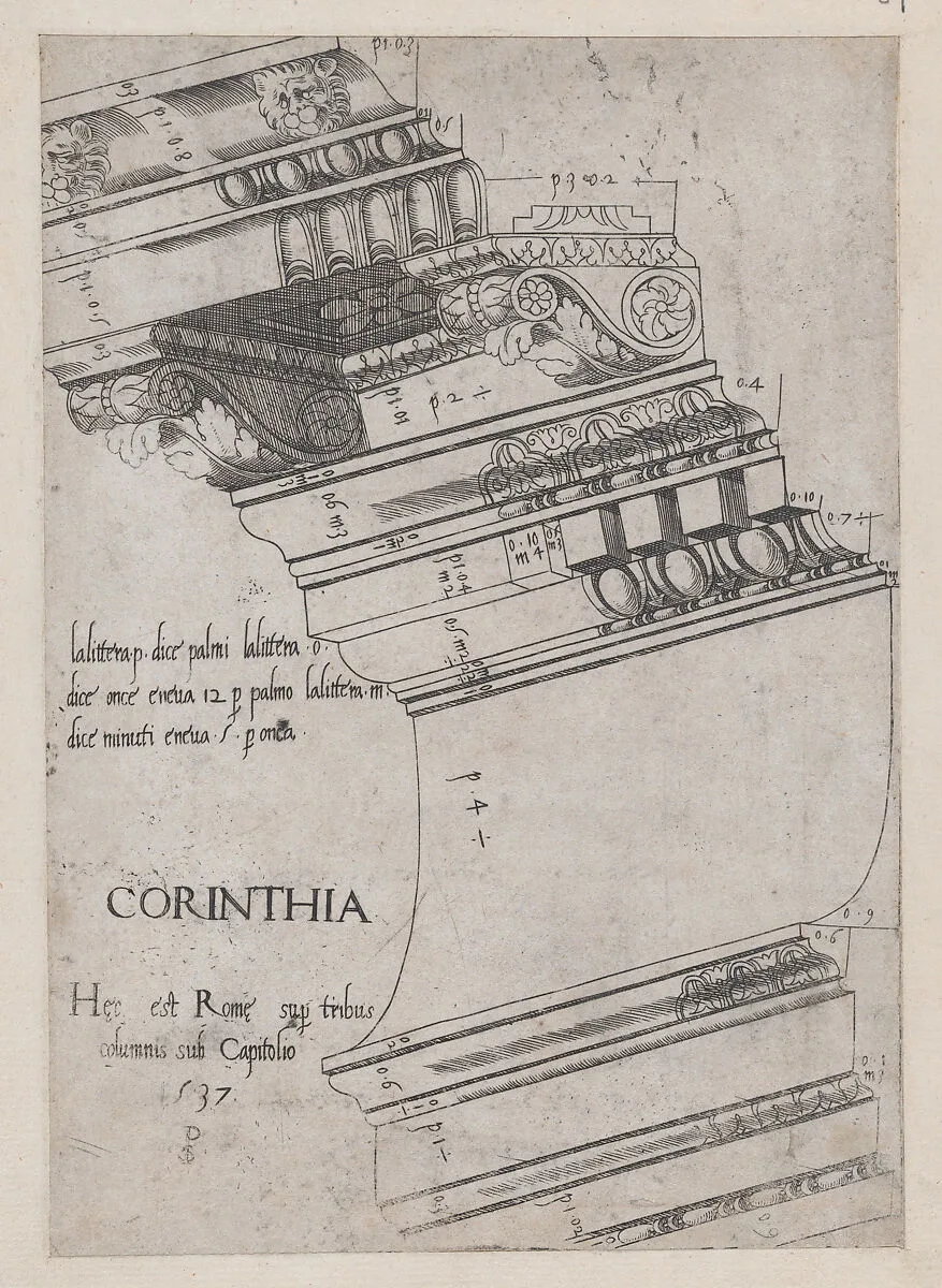 Speculum Romanae Magnificentiae: Entablature from the Temple of Vespasian, Rome — Master PS|Jacques Prevost de Gray