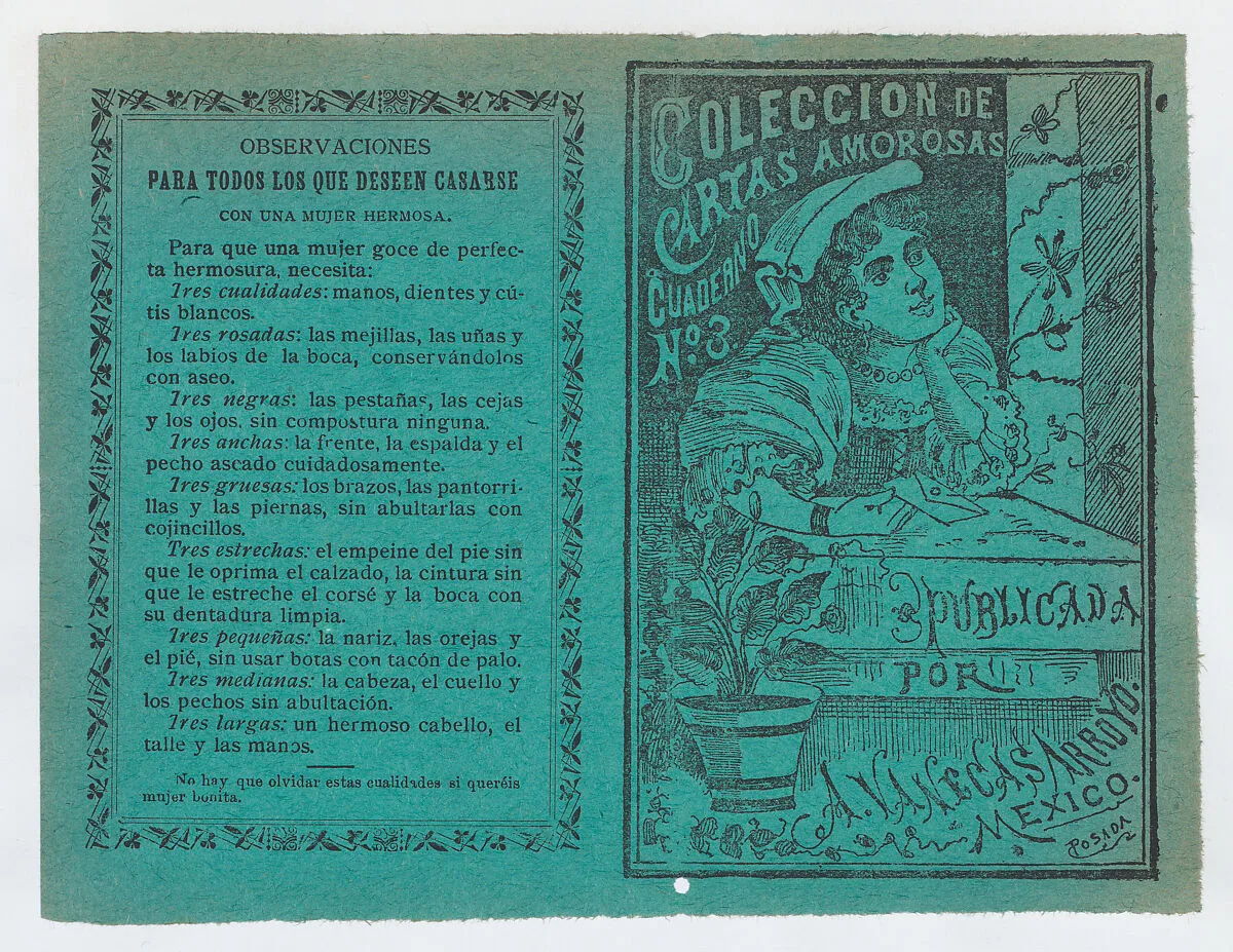 Cover for 'Coleccion de Cartas Amorosas Cuaderno No. 3', a young woman holding a letter and resting her head on her hand as she looks out a window — Antonio Vanegas Arroyo|José Guadalupe Posada
