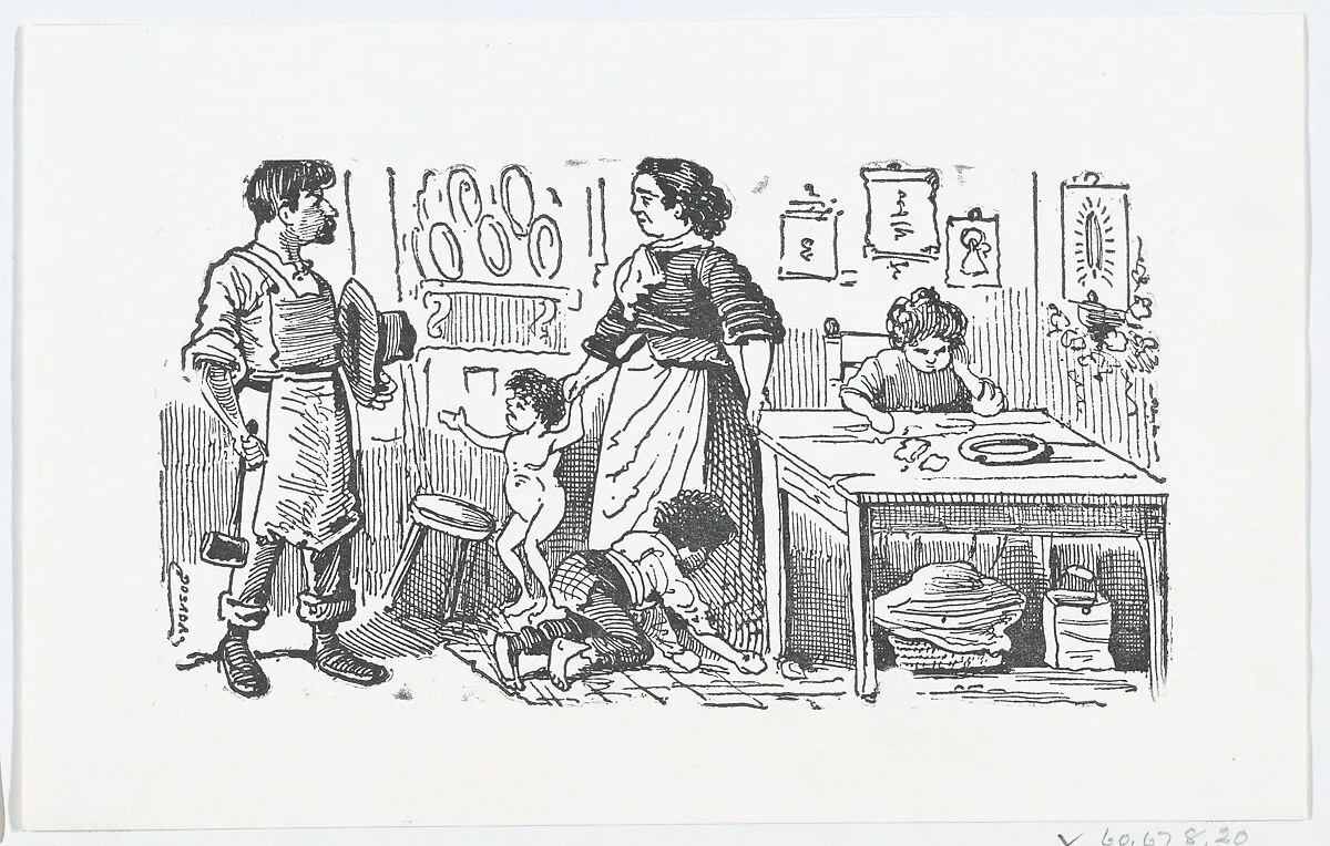A domestic scene with a mother holding her child's hand while talking to her husband — José Sanchez|José Guadalupe Posada