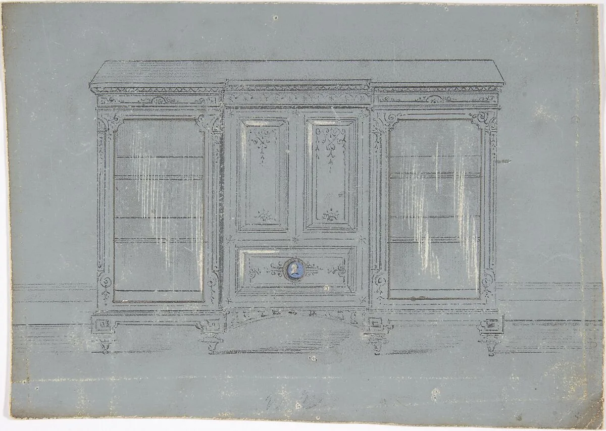 Design for a Cabinet with Glass Side Doors and a Porcelain Plaque — Anonymous, British, 19th century