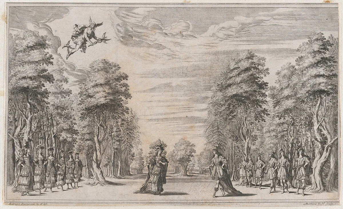 A man and a woman conversing at center, surrounded by a row of young men to the right and young women to the left, Mercury appears at top left corner; set design from 'Il Pomo D'Oro' — Ludovico Ottaviano Burnacini|Mathäus Küsel