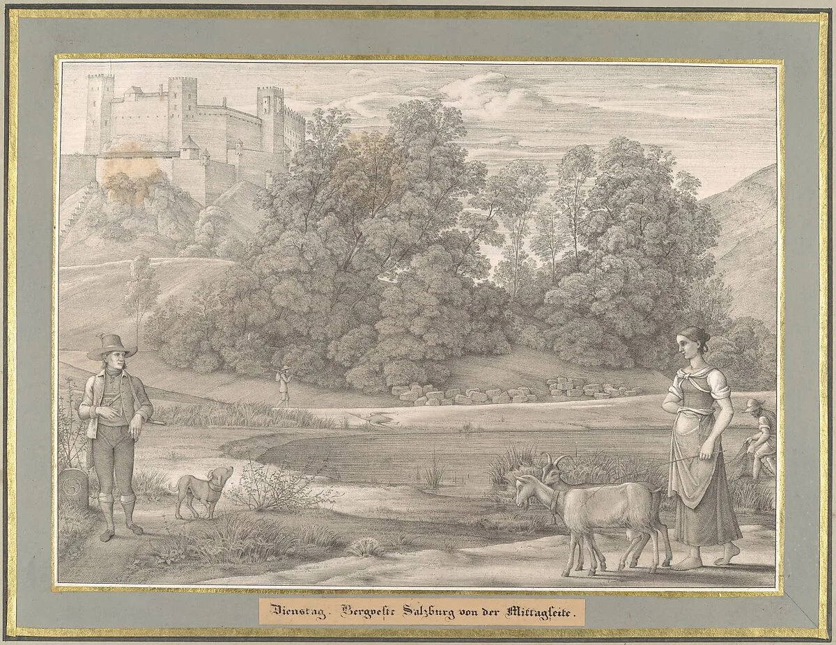 Sieben Gegenden aus Salzburg und Berchtesgaden Geordnet nach den sieben Tagen der Woche, verbunden durch zwey allegorische Blätter (Seven Places in Salzburg and Berchtesgaden, Arranged According to the Seven Days of the Week) — (Johann Heinrich) Ferdinand Olivier