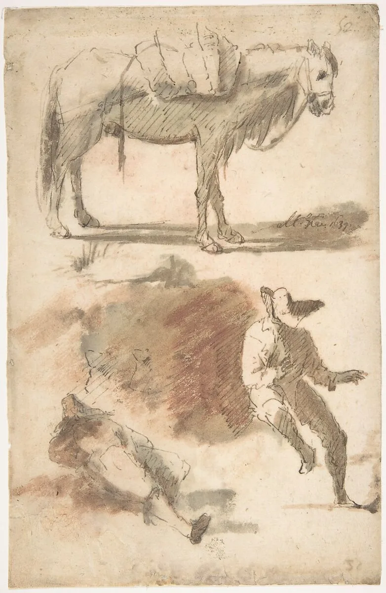 Sheet of Studies: A Horse Above, a Seated Man and a Reclining Man Below — Micco Spadaro (Domenico Gargiulo)