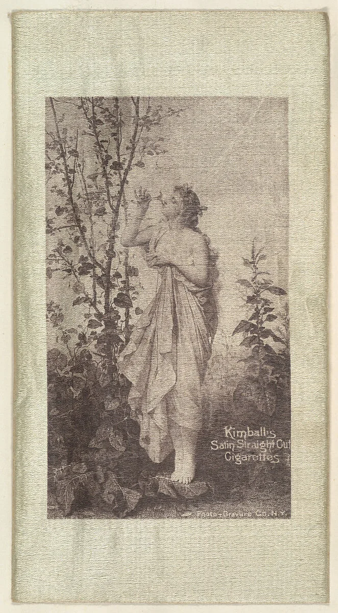Woman smelling blossom on tree (on green silk), from the Girl Art Subjects series (N193) issued by Wm. S. Kimball & Co. — William S. Kimball & Company|The Photo-Gravure Company