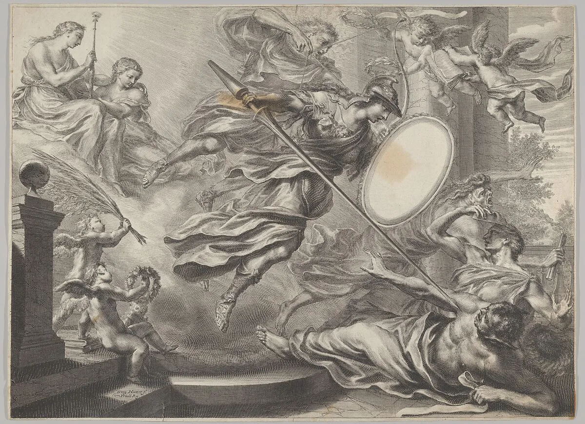 Minerva armed with a shield and lance attacking three nearly prone figures — Grégoire Huret