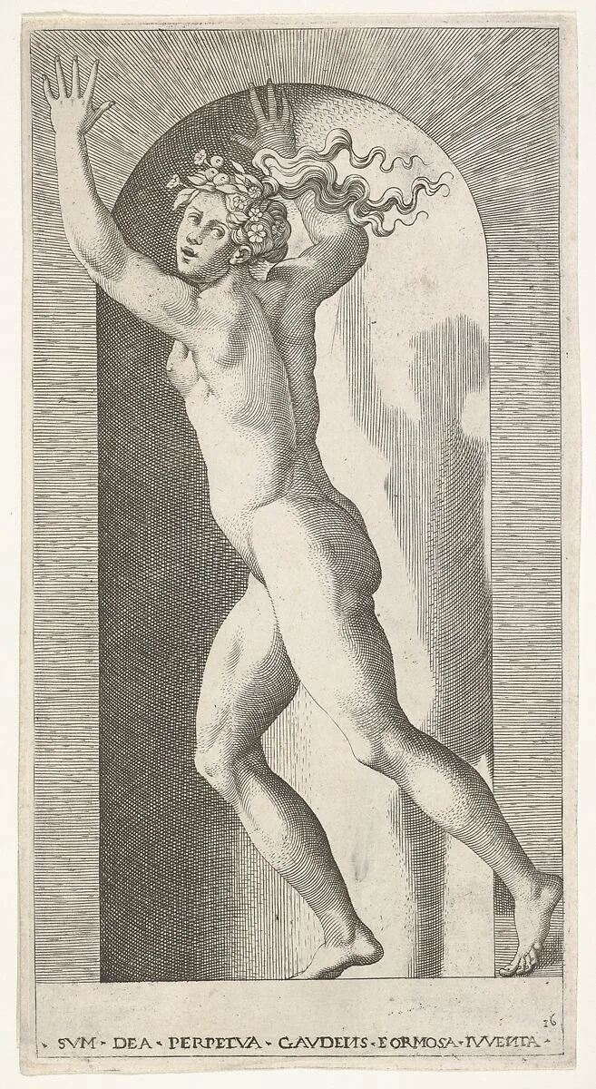 Plate 16: Hebe in a niche with her hands in the air, running to the left while looking to the right, from a series of mythological gods and goddesses — Giovanni Jacopo Caraglio|Rosso Fiorentino