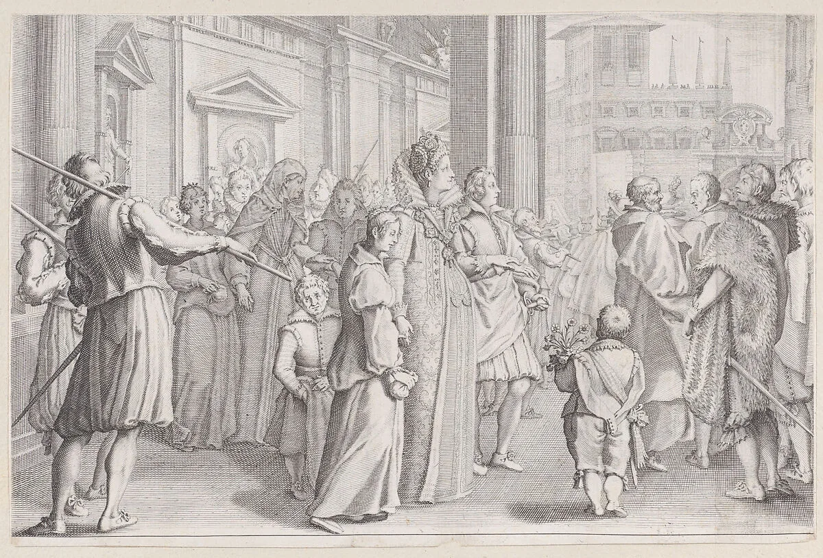 La Grande Duchesse Marie des Jeunes Filles, from La Vie de Ferdinand Ier de Médicis série appelée aussi Les Batailles des Médicis (The Life of Ferdinand I de'Medici also called The Medici Battles) — Jacques Callot|Matteo Rosselli