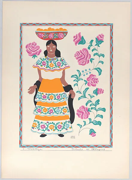 Plate 5: a standing woman from the state of Chiapas, from 'Trajes regionales mexicanos' (regional Mexican dress) — Editorial Atlante|Carlos Mérida