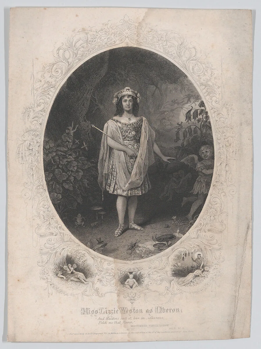 Miss Lizzie Weston as Oberon: "And Maidens call it, love in idleness. Fetch me that flower" (Midsummer Night's Dream, Act 2, Scene 2) — William Shakespeare|Martin & Johnson, New York|Lizzie Weston