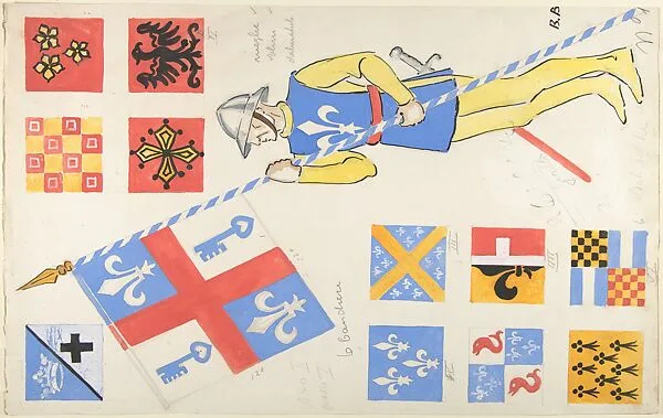Studies for coats of arms and theatrical costume for a soldier carrying a banner — Boris Konstantinovitch Bilinsky