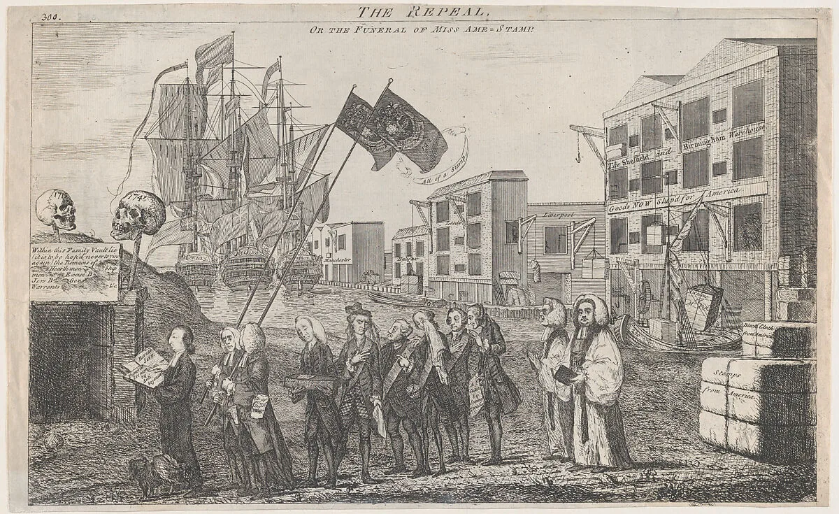 The Repeal, or the Funeral of Miss Ame - Stamp — Anonymous, British, 18th century