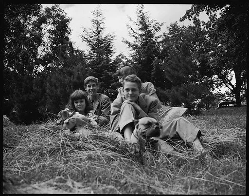 [Blair Fuller, Jill Fuller, Sage Fuller, and Cass Canfield, Jr. with Brandy the Boxer, Bedford, New York]