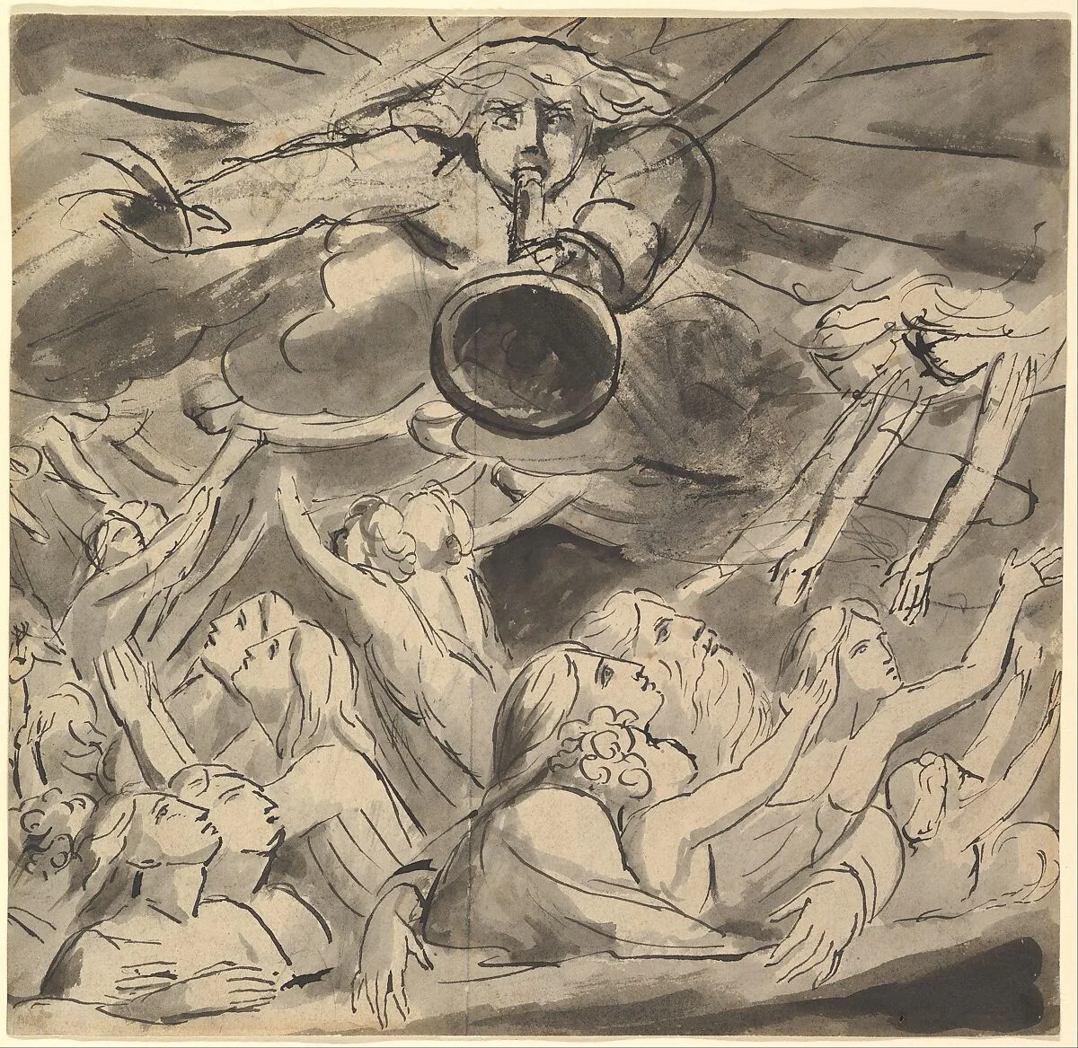 The Last Trumpet (recto); Two studies of a right eye, a profile of an open-mouthed young man, the head of an eagle, and the head of a lion (verso) — William Blake