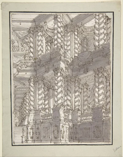 Design for Stage Set with Double Storey of Torqued Columns and Balustrades.