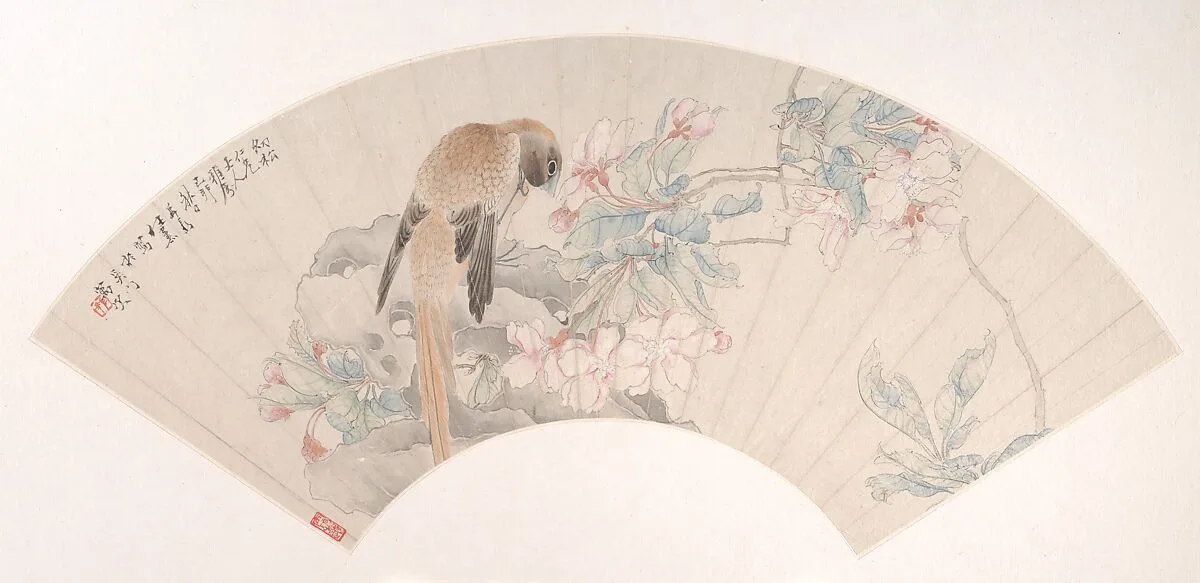 清 任薰 海棠小鳥 扇面|Bird on a Rock by a Flowering Branch — Ren Xun
