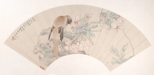 清 任薰 海棠小鳥 扇面|Bird on a Rock by a Flowering Branch