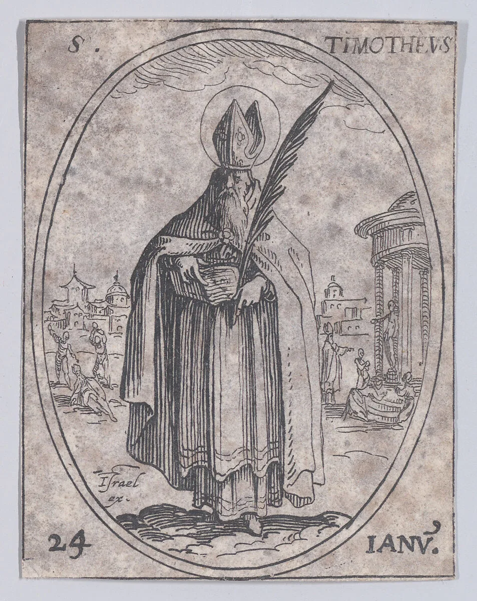 S. Timothée (St. Timothy), January 24th, from "Les Images De Tous Les Saincts et Saintes de L'Année" (Images of All of the Saints and Feast Days of the Year) — Jacques Callot|Israël Henriet