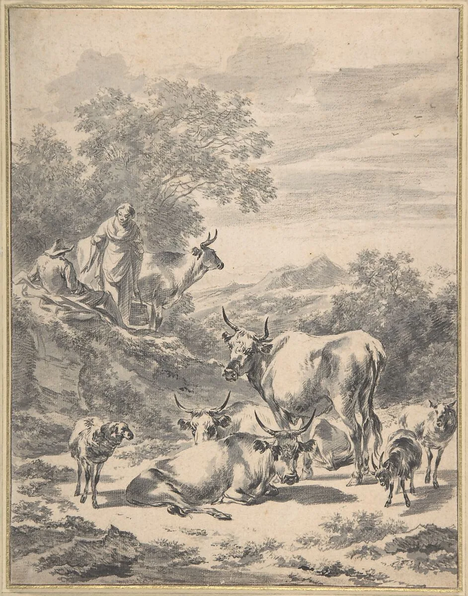 Herdsmen with Cattle and Sheep in Italianate Landscape — Nicolaes Berchem
