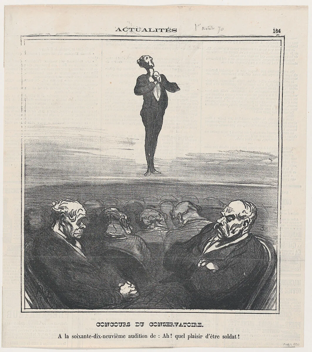 The competition at the conservatory: At the 79th audition of "Oh, what a pleasure to be a soldier!", from 'News of the day,' published in Le Charivari, August 1, 1870 — Honoré Daumier|Augustin-Eugène Scribe|François Adrien Boieldieu