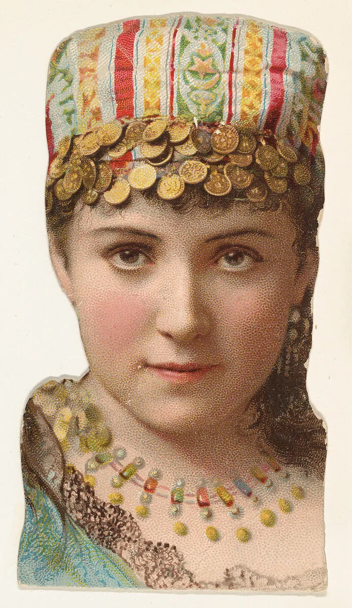 Actress wearing cap decorated with coins, from Stars of the Stage, Fourth Series (N132) issued by Duke Sons & Co. to promote Honest Long Cut Tobacco — American Tobacco Company|W. Duke, Sons & Co.