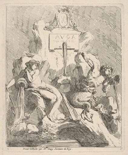 Design for a fountain with a seated nymph at left and triton holding a shell to his mouth at right