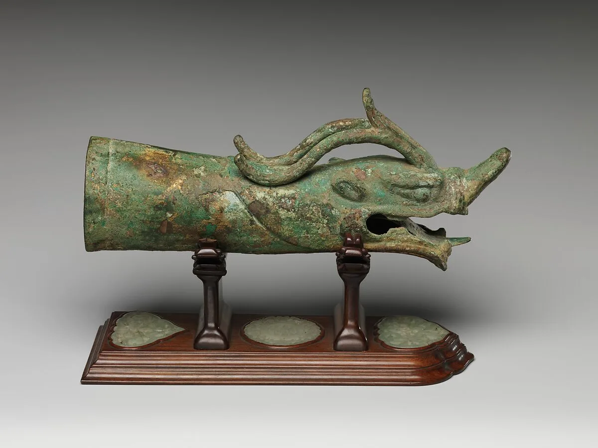 唐 青銅鎏金龙首形端飾|Finial in the shape of a dragon’s head — Unknown