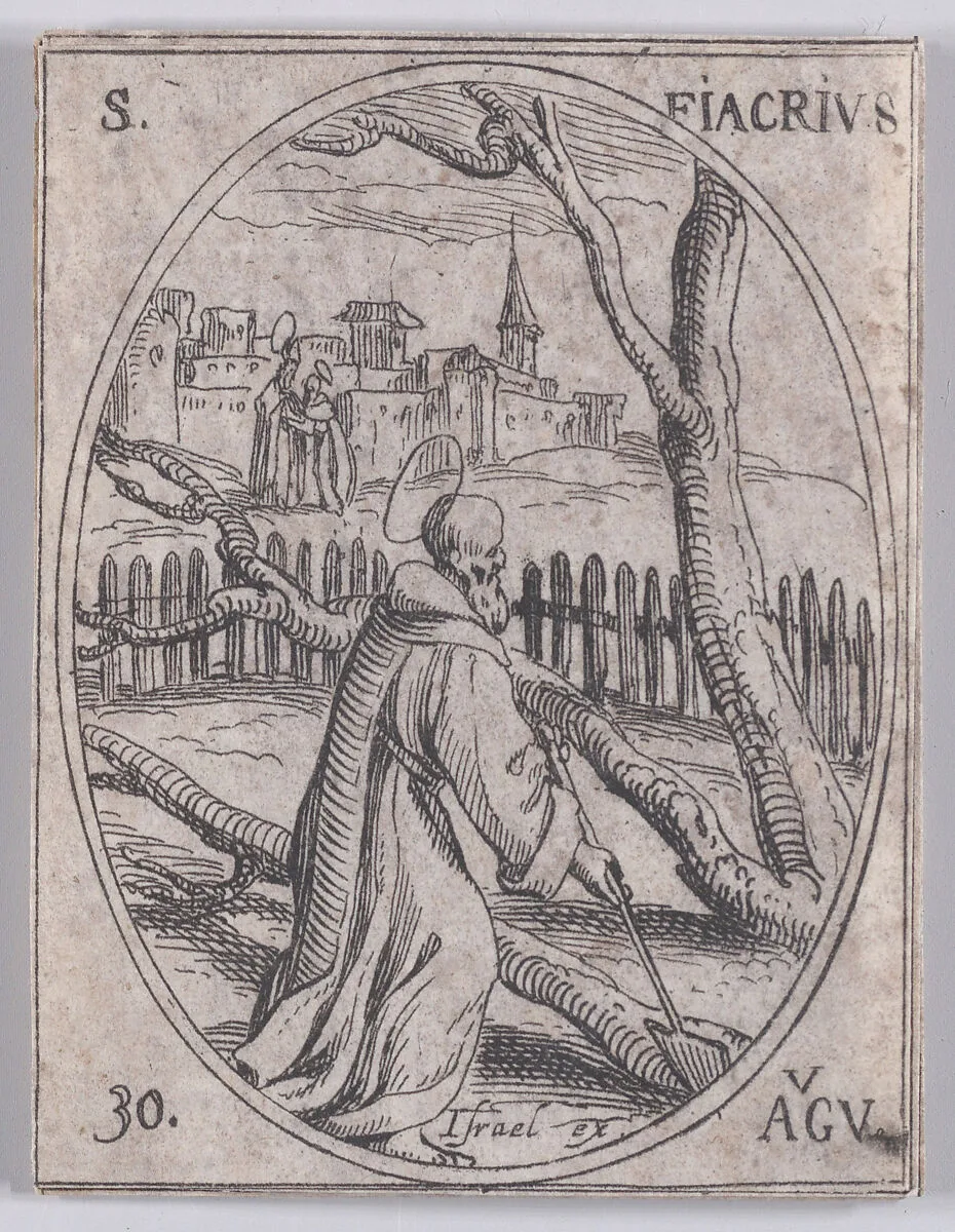 St. Fiacre, August 30th, from "Les Images De Tous Les Saincts et Saintes de L'Année" (Images of All of the Saints and Religious Events of the Year) — Jacques Callot|Israël Henriet