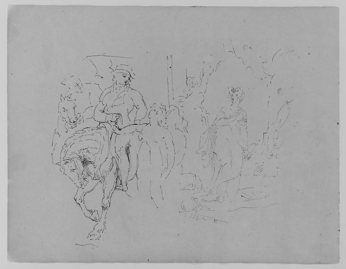 Man on Horseback with Standing Figure; Female in a Landscape (from Sketchbook) — Thomas Sully