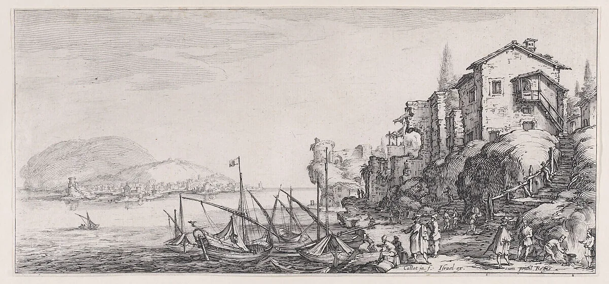 Le Petit Port pièce appelée aussi Le Port de Mer (The Small Port also called the Seaport), from Paysages Gravés pour Jean de Médicis appelées aussi Paysages Dessinés a Florence, Vues de Florence, Paysages d'Italie, et Paysages Définitifs (Landscapes Engraved for Giovanni de'Medici, Landscapes Designed in Florence, Views of Florence, Landscapes of Italy, and Definitive Landscapes) — Israël Henriet|Jacques Callot|Don Giovanni de' Medici