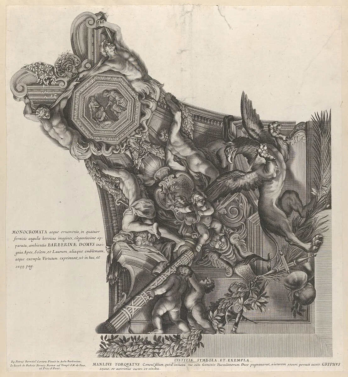 Plate 7: Allegory of Justice with griffin of Manlius Toquatus, from Barberinae aulae fornix — Pietro da Cortona (Pietro Berrettini)|Giovanni Giacomo De Rossi|Gaspar de Guzman, Count of Olivares and Duke of Sanlucar|Anonymous, Italian, 17th century