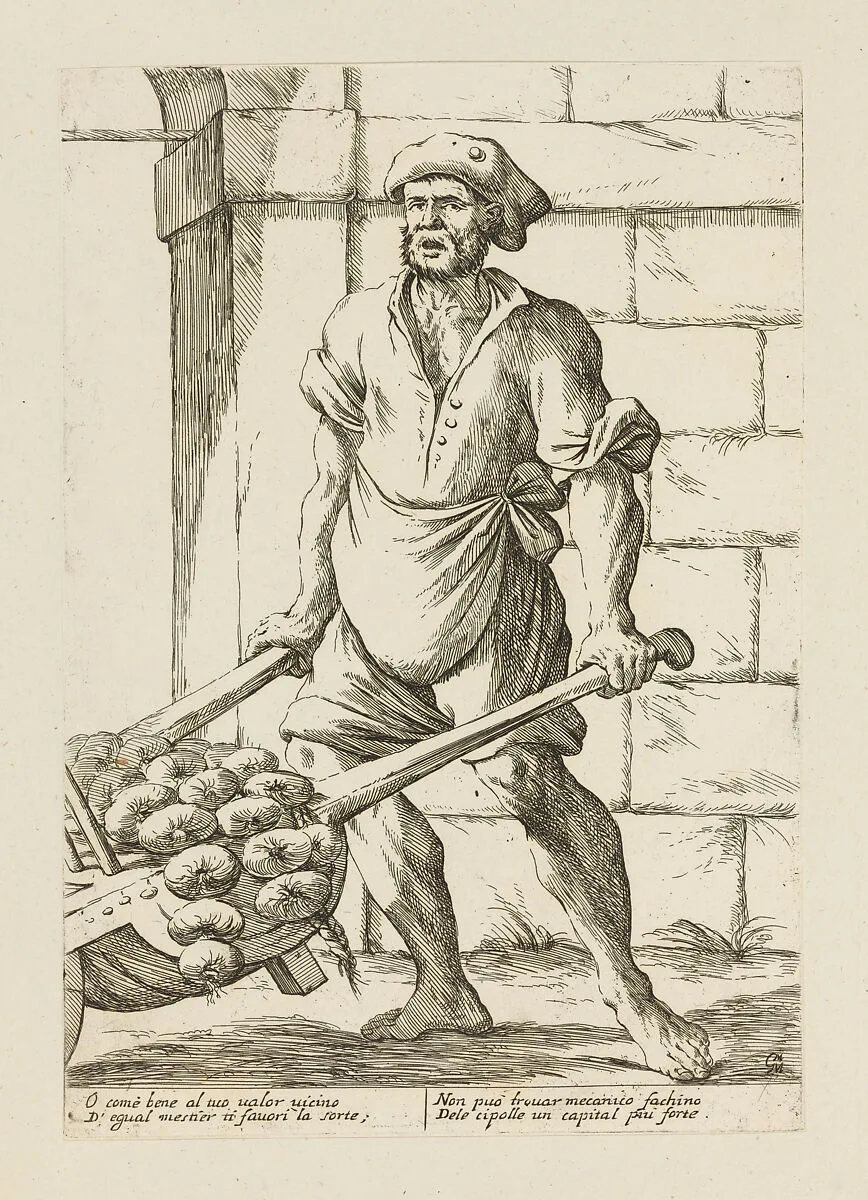 Onion Seller, from Di Bologna l'Arti per via D'An.ibal' Ca.rac, plate 28 — Giuseppe Maria Mitelli|Annibale Carracci|Giovanni Giacomo De Rossi