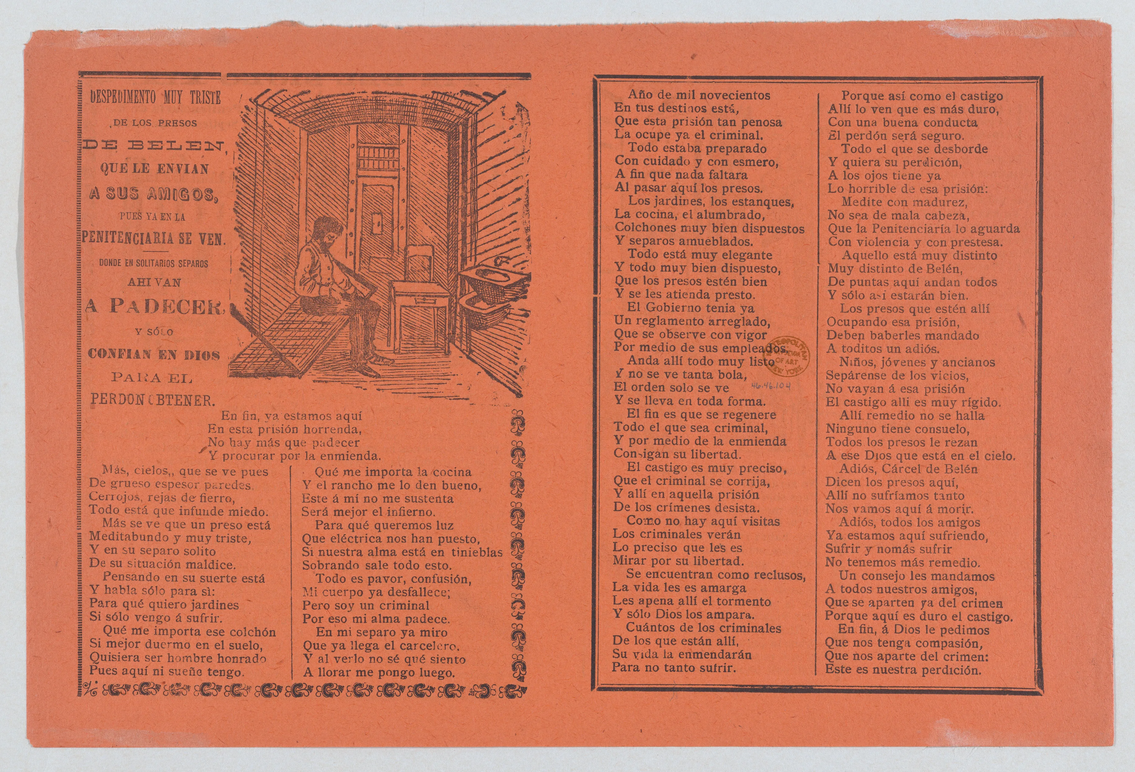 Broadsheet relating to life in prison, a man in his jail cell — José Guadalupe Posada