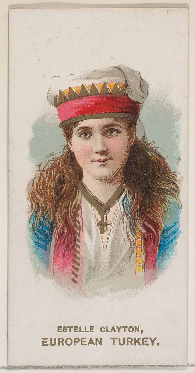 Estelle Clayton in Costume of European Turkey, from the set Actors and Actresses, Second Series (N71) for Duke brand cigarettes — W. Duke, Sons & Co.|Knapp & Company
