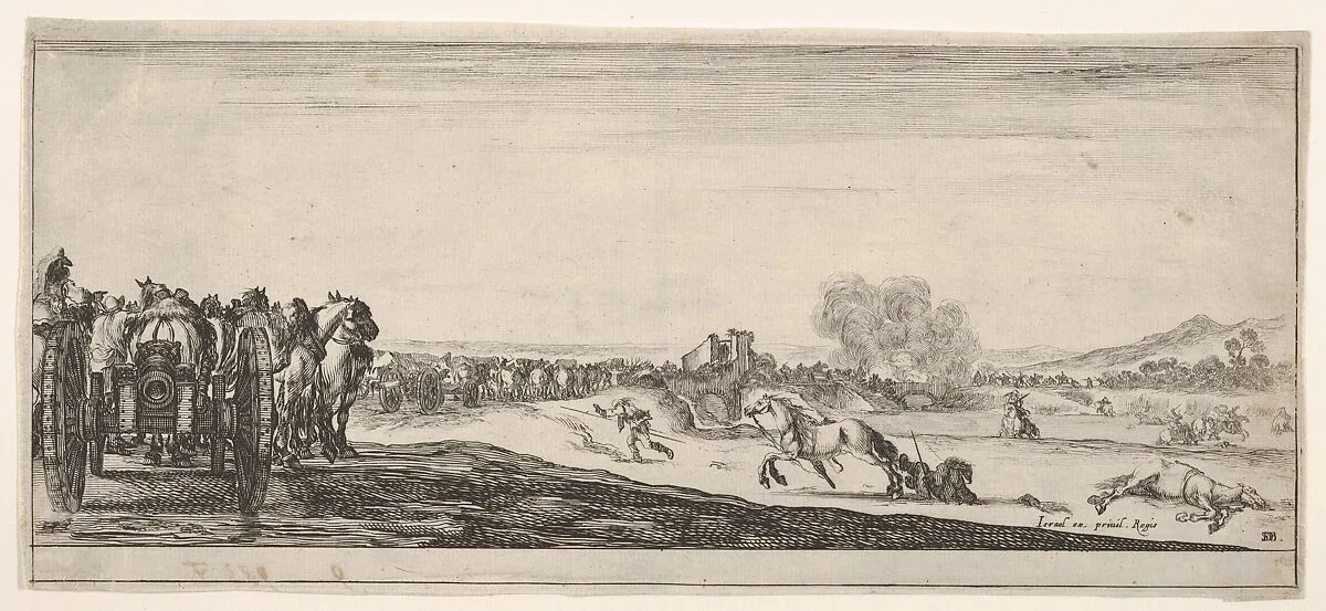 A procession of horse-drawn cannon carriages to left, horsemen in combat and a dead horse to right, battle on a bridge in center background, from 'Peace and War' (Divers desseins tant pour la paix que pour la guerre) — Stefano della Bella|Israël Henriet