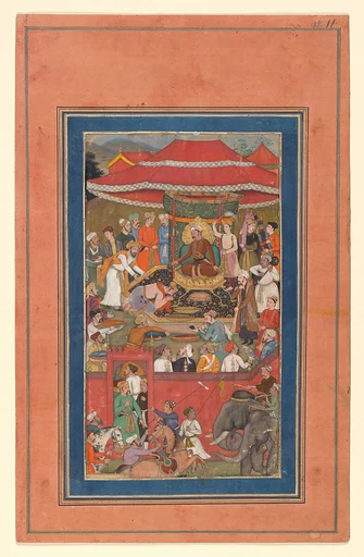 "Asaf khan Presents Offerings (?)", Folio from a Manuscript of the Akbarnama. Folio from the Davis Album