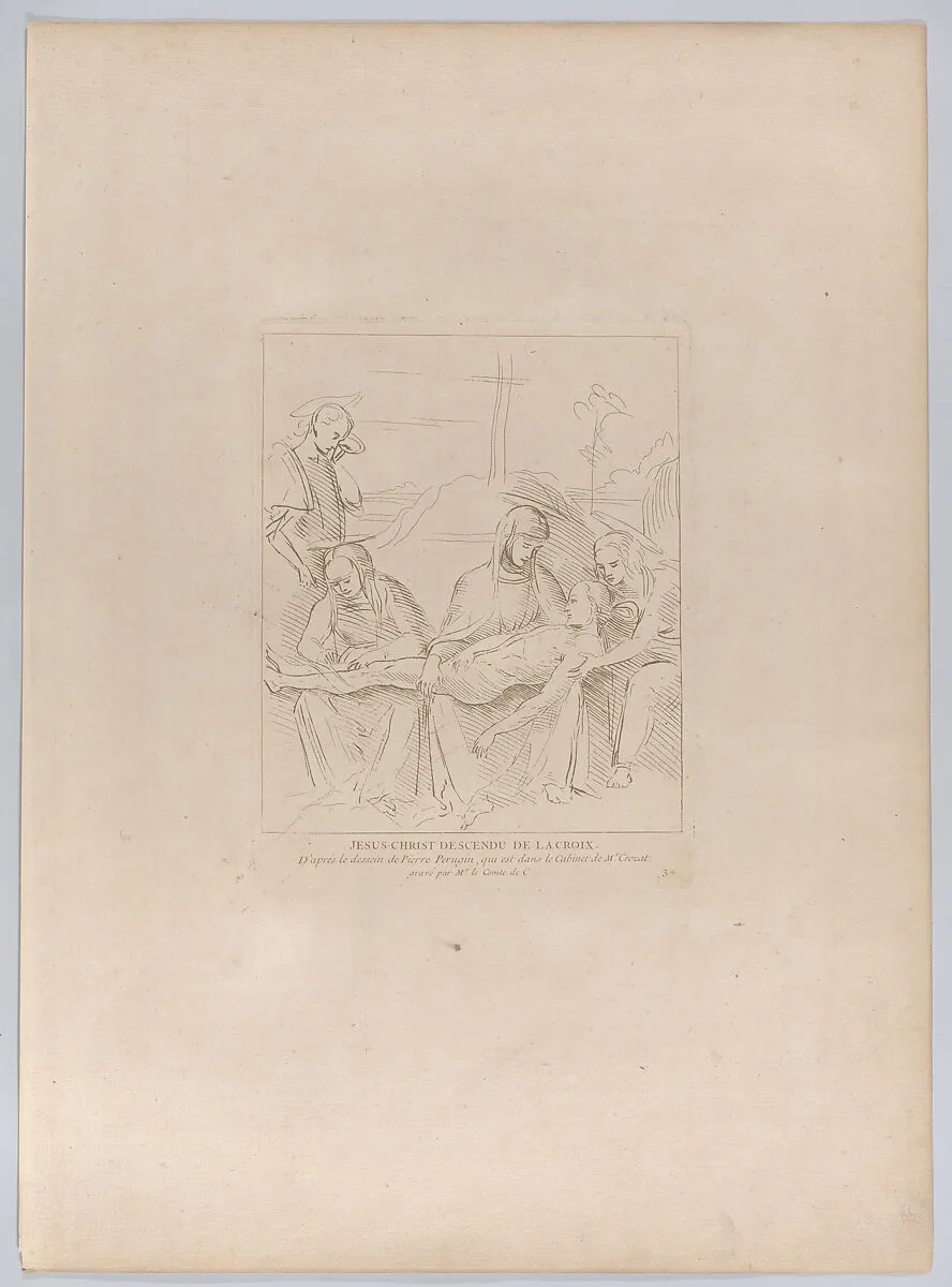 Pietà, with the body of Christ supported by the Virgin and two holy women, Saint John stands to the left; from 'Recueil d'estampes d'après les plus beaux tableaux et d'après les plus beaux desseins qui sont en France, Cabinet Crozat' after a drawing by Perugino — Perugino (Pietro di Cristoforo Vannucci)|Anne Claude Philippe de Tubières, comte de Caylus
