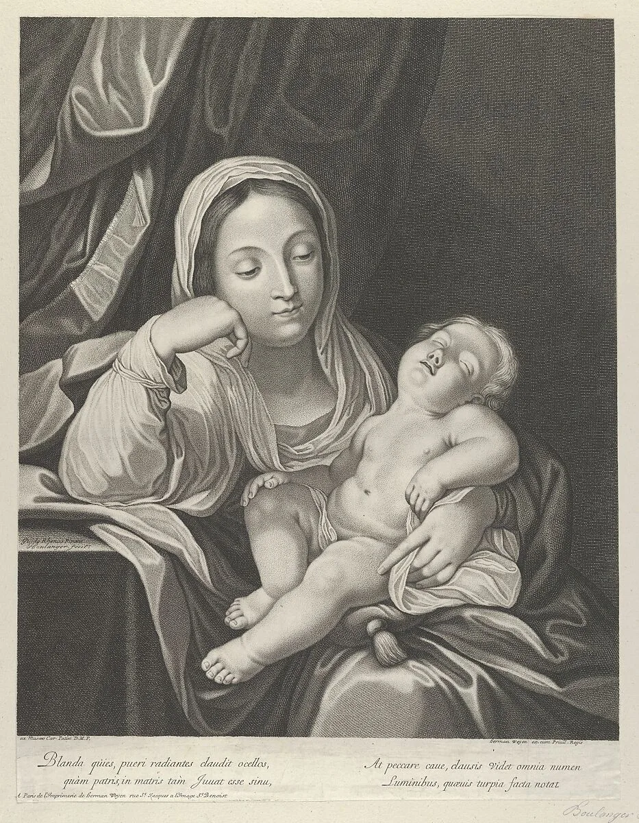The Virgin seated with her head resting on her right hand, holding the sleeping infant Christ on her lap, after Reni — Guido Reni|Jean Boulanger|Herman Weyen