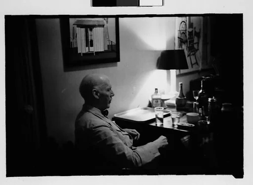 [Twelve 35mm Film Frames on Uncut Roll:  Portraits of Anne, Dorothy, and Harry Harvey in Their Apartment at 441 East 92nd Street, Showing A Painting by Walker Evans of A Florida Beach Shack and a WPA Painting by Jane Ninas Entitled "Cemetery"]